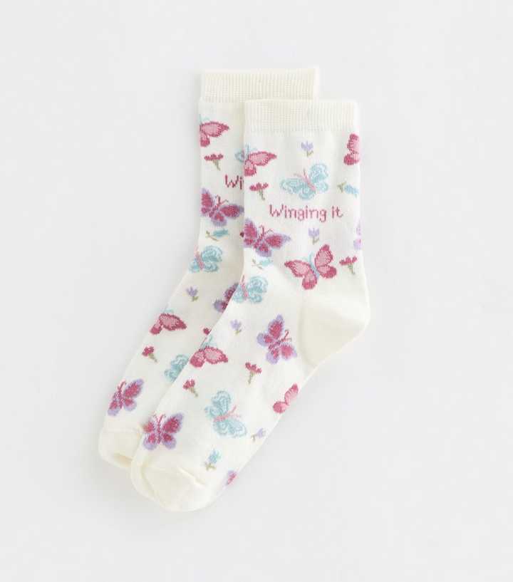 White Winging It Butterfly Pattern Socks