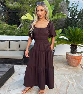 AX Paris Dark Brown Puff Sleeve Smock Midi Dress
