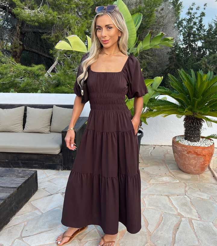 new look brown dress AX Paris Dark Puff Sleeve Smock Midi Side zip