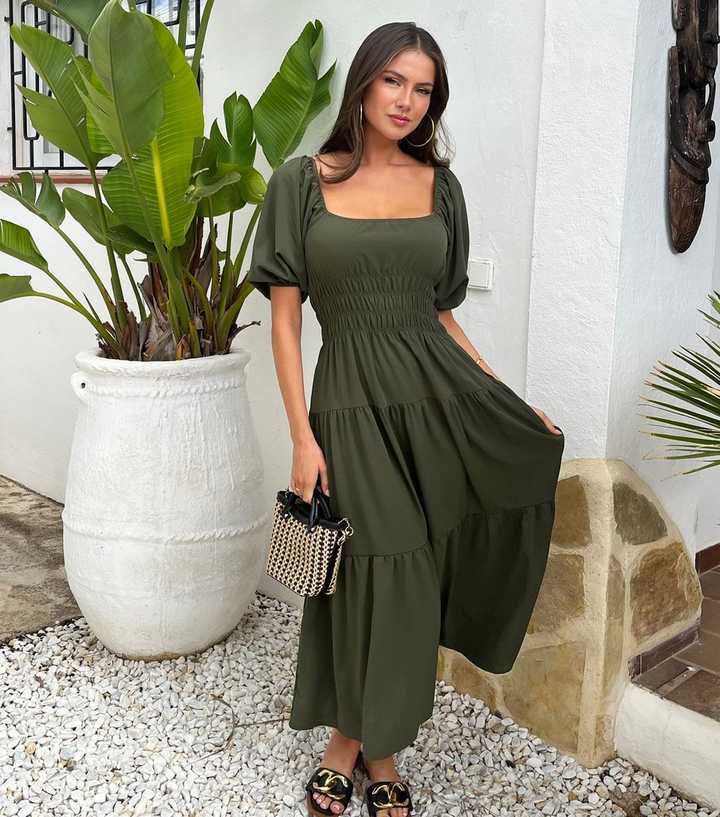 AX Paris Dark Khaki Puff Sleeve Smock Midi Dress