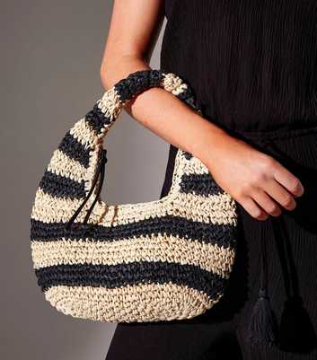 South Beach Black Striped Straw Grab Bag