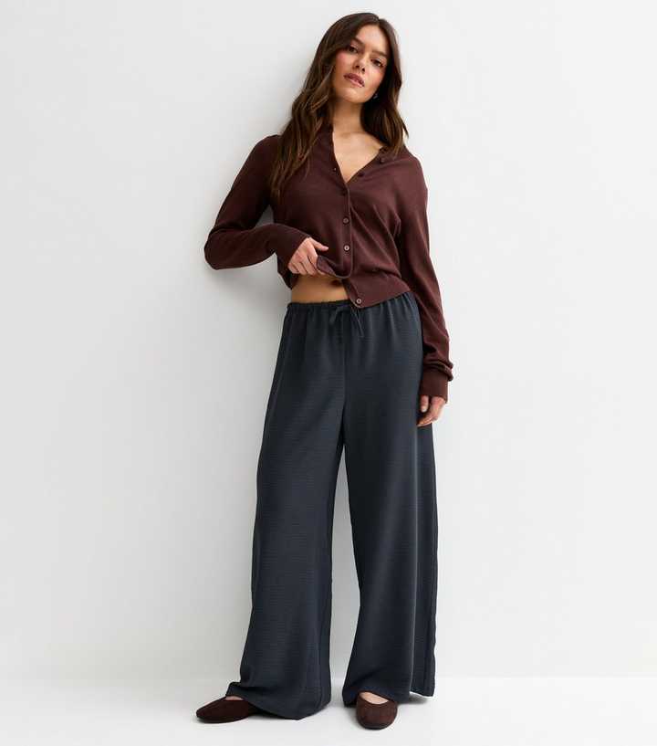 Petite Navy Drawstring Waist Wide Leg Trousers