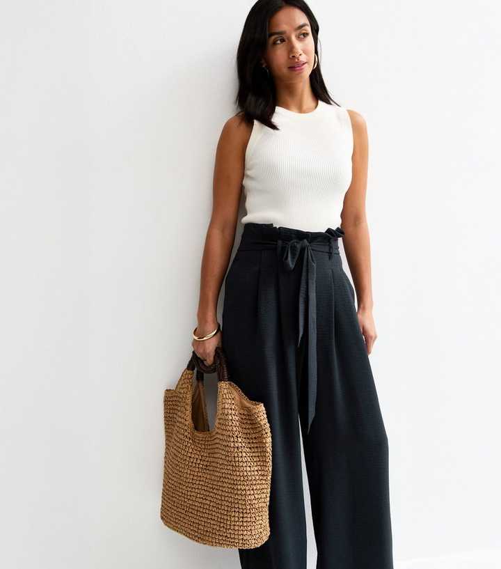 Petite Navy Paper Bag Waist Wide Leg Trousers