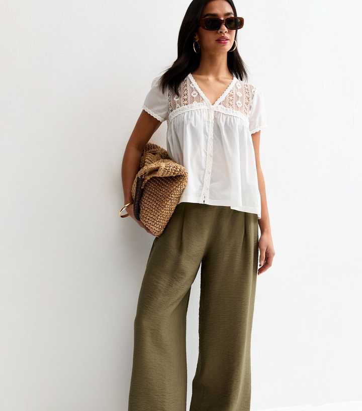 Petite Khaki Pull On Wide Leg Trousers