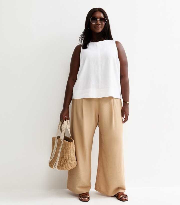 Curves Stone Crinkle Texture Pull On Wide Leg Trousers