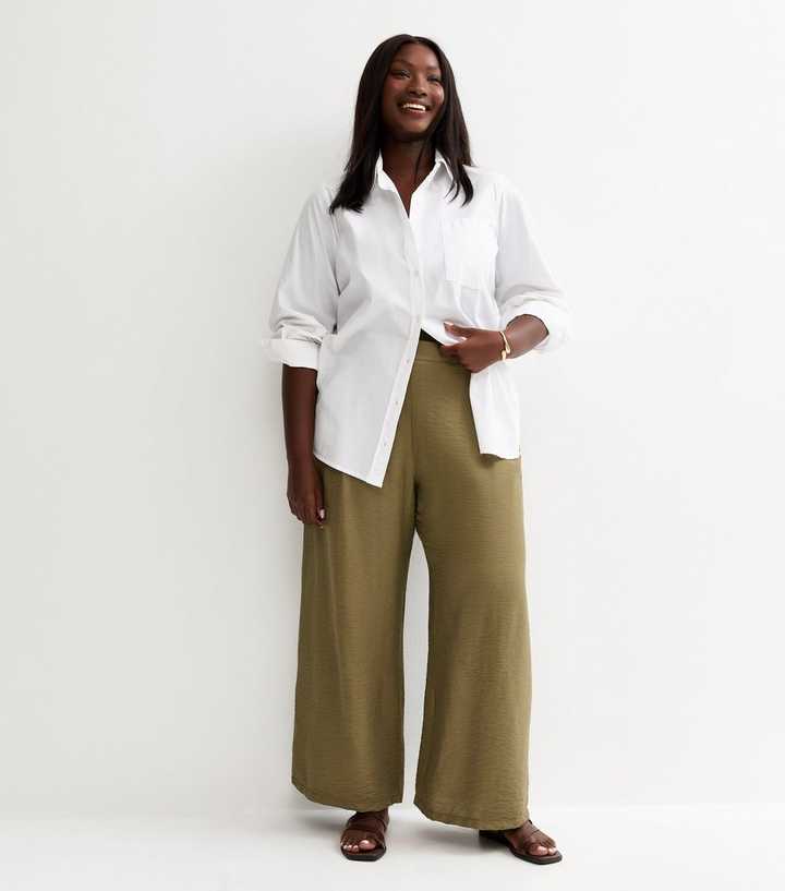 Curves Dark Khaki Crinkle Texture Pull On Wide Leg Trousers