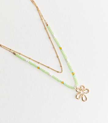 Light Green Double Layer Beaded Flower Charm Necklace