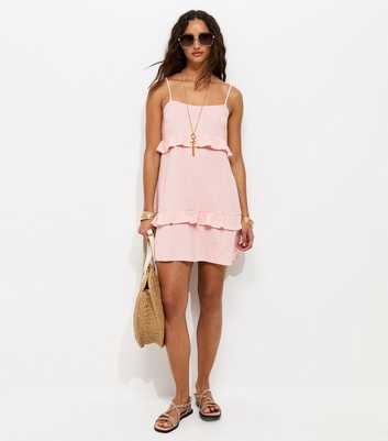 Pale Pink Crinkle Texture Ruffle Trim Mini Dress