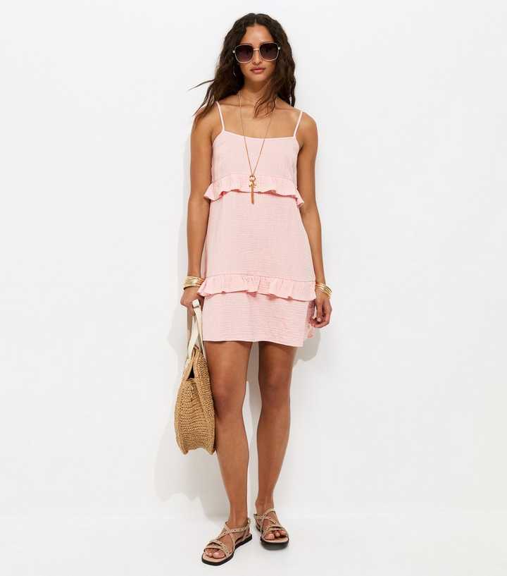 Pale Pink Crinkle Texture Ruffle Trim Mini Dress