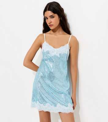 Light Blue Sequinned Lace Strappy Mini Dress