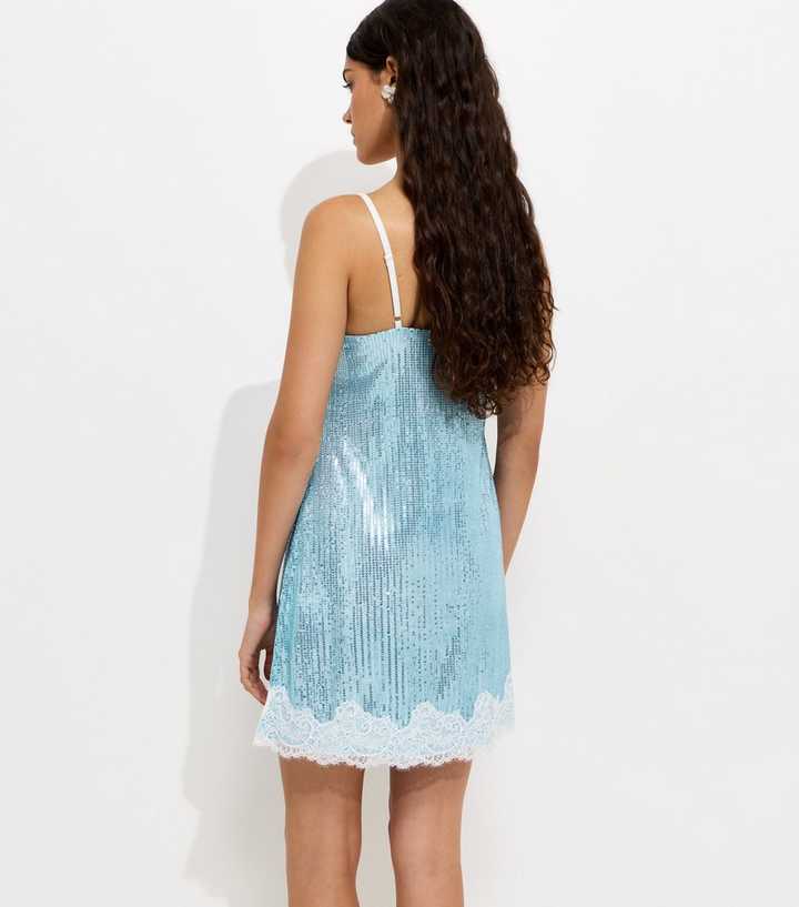Light Blue Sequinned Lace Strappy Mini Dress | New Look