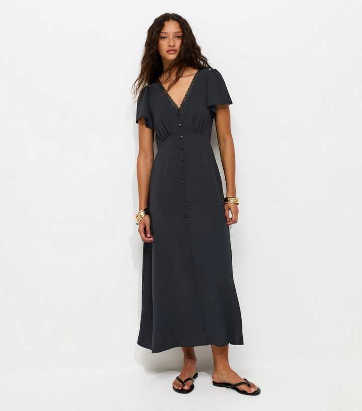 Black Lace Trim Midi Tea Dress