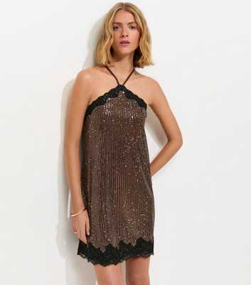 Dark Brown Sequin Embellished Lace Trim Mini Dress
