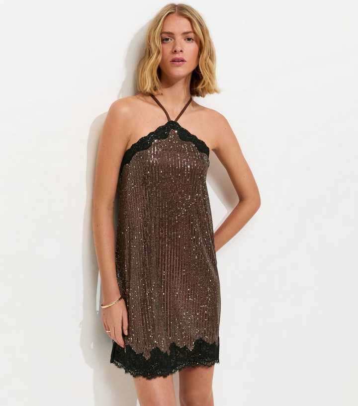 Dark Brown Sequin Embellished Lace Trim Mini Dress | New Look