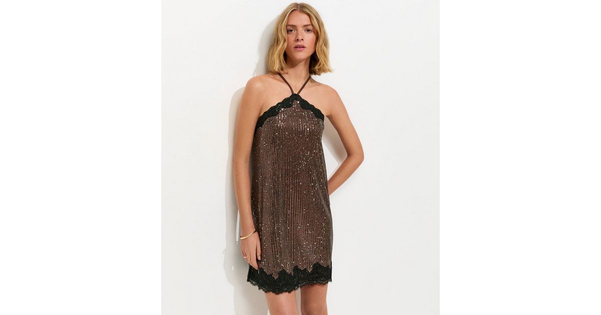 Dark Brown Sequin Embellished Lace Trim Mini Dress