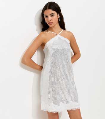 Silver Sequin Embellished Lace Trim Mini Dress