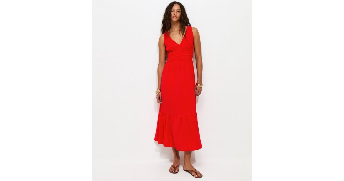 strapless open back dress Dahlina Red Ruched Waist High Slit Midi Dress main image 0
