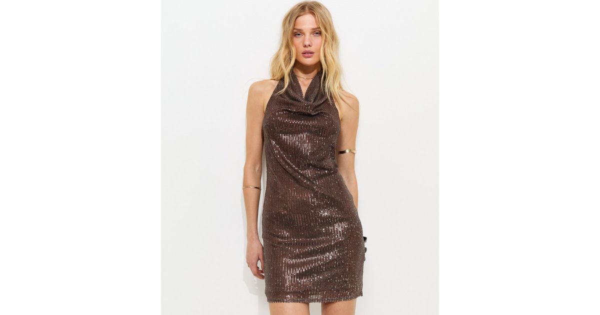 Brown Sequinned Halter Cowl Neck Mini Dress