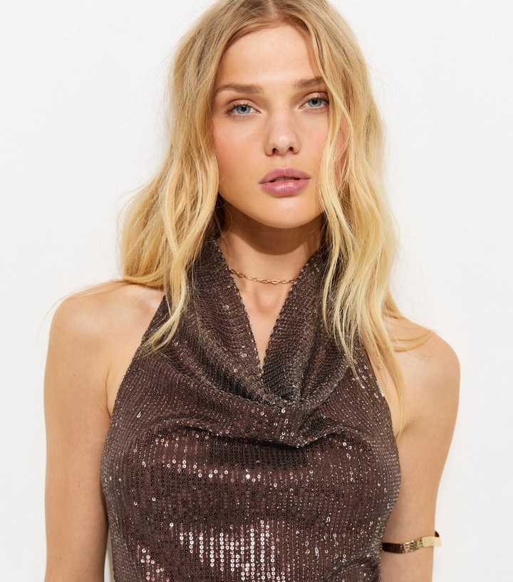 Brown Sequinned Halter Cowl Neck Mini Dress | New Look Brown Sequinned Halter Cowl Neck Mini Dress | New Look