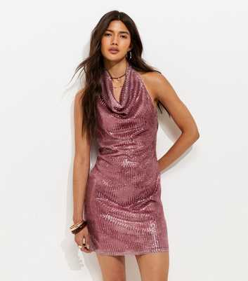Dark Pink Glitter Halter Sequin Mini Dress