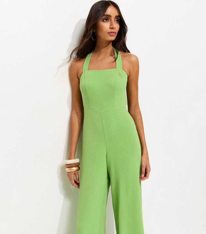 Bright Green Square Neck Halter Strap Jumpsuit