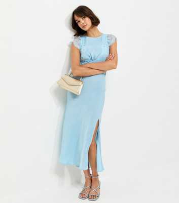 Light Blue Satin Lace Sleeve Split Midi Dress