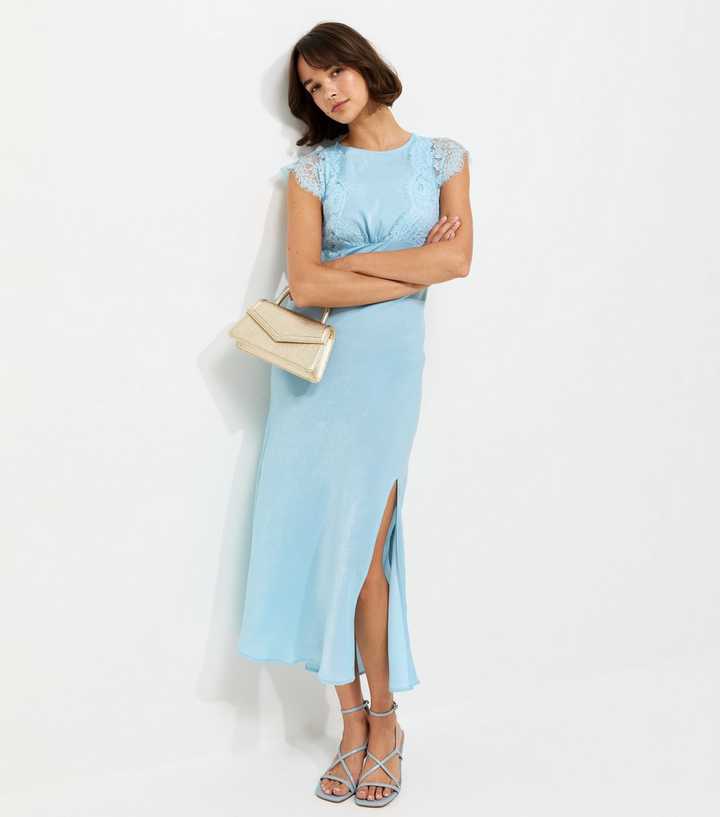 Light Blue Satin Lace Sleeve Split Midi Dress
