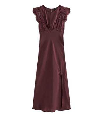 Dark Burgundy Satin Lace Sleeve Split Midi Dress