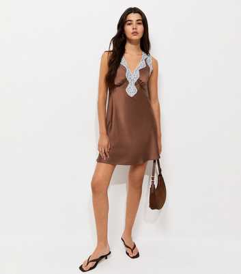 Dark Brown Satin Lace Trim Sleeveless Mini Dress