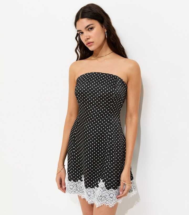 Black Polka Dot Satin Lace Trim Mini Dress