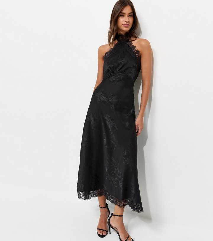 Black Floral Satin Lace Trim Halterneck Midi Dress