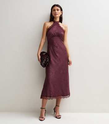 Dark Burgundy Floral Satin Lace Trim Halterneck Midi Dress