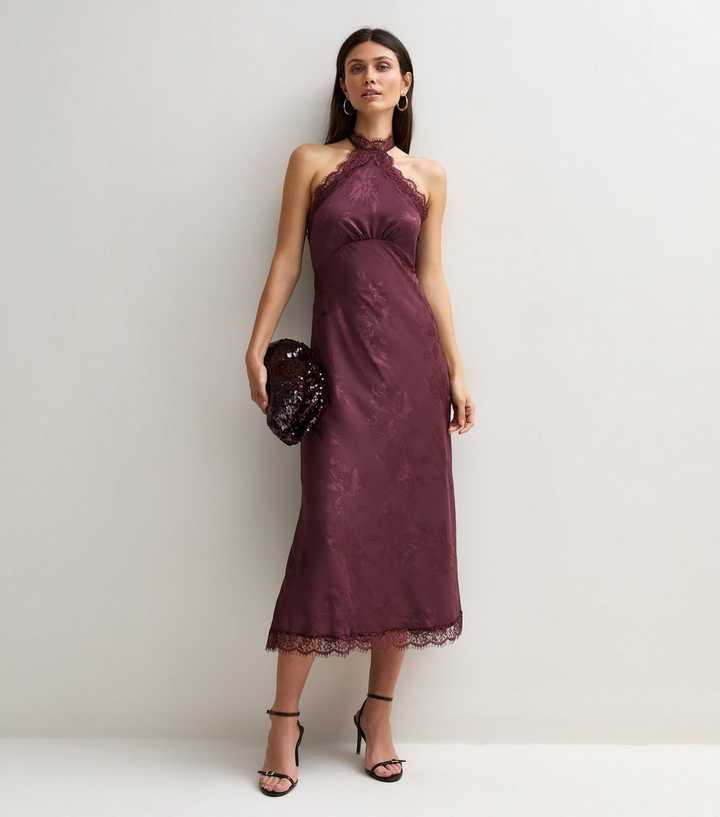 Dark Burgundy Floral Satin Lace Trim Halterneck Midi Dress