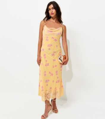 Yellow Chiffon Floral Cowl Neck Strappy Midi Dress