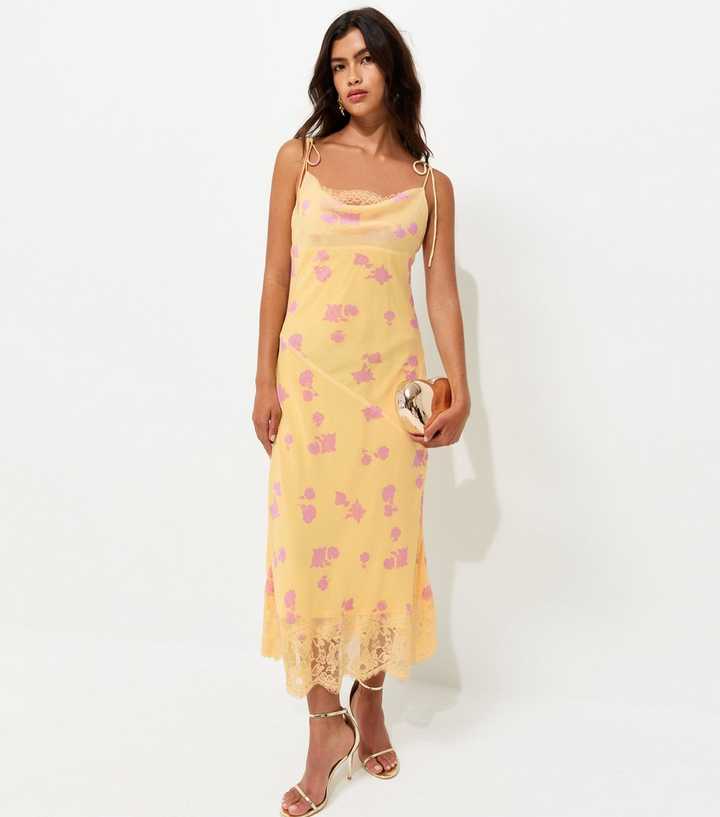 Yellow Chiffon Floral Cowl Neck Strappy Midi Dress