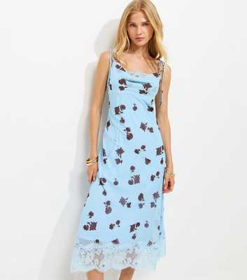 Blue Floral Print Chiffon Lace Trim Midi Dress