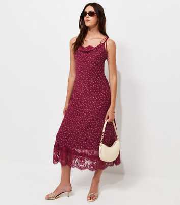 Red Polka Dot Print Chiffon Lace Trim Midi Dress