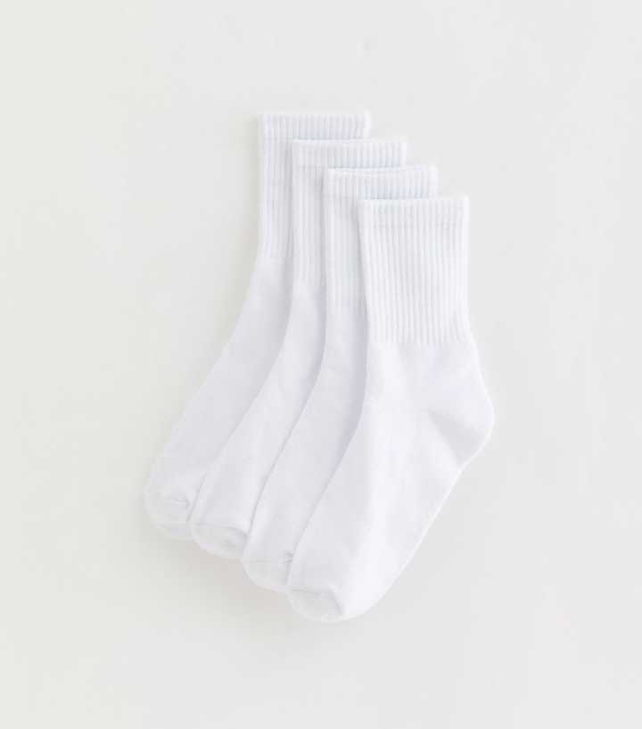 Pack of 4 White Plain Ribbed Tube Socks