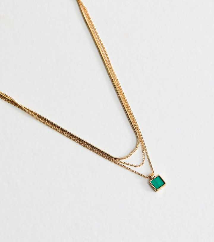 Gold Tone 3 Layer Square Pendant Necklace