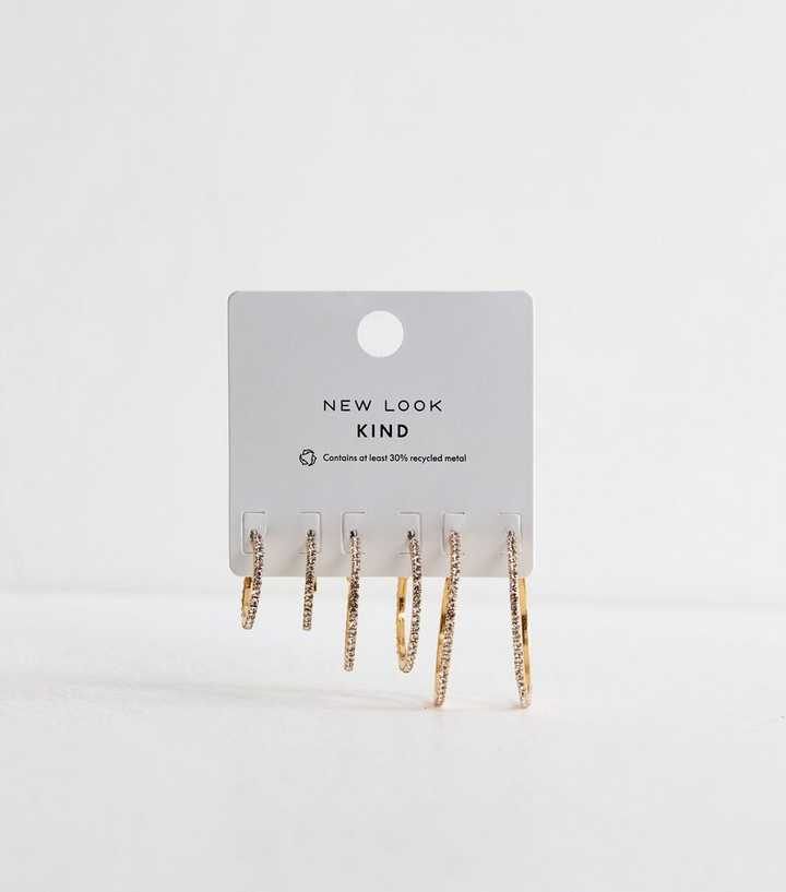 Pack of 3 Gold Tone Diamanté Hoop Earrings