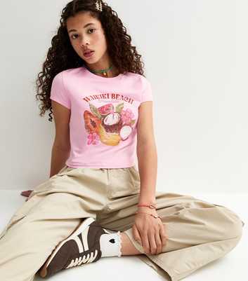 Girls PinkTropical Fruit Print Sequin Embellished  Cap Sleeve T-Shirt