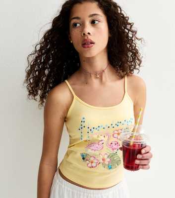 Girls Light Yellow Flamingo Embellished Cami Top