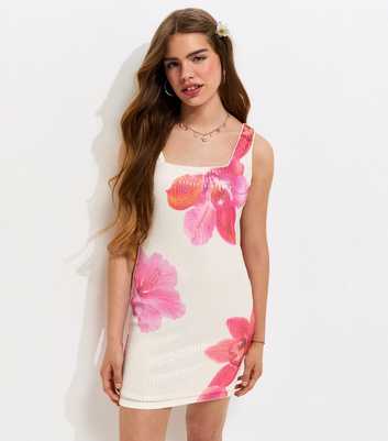 Girls Pink Tropical Flower Print Sequin Mini Dress
