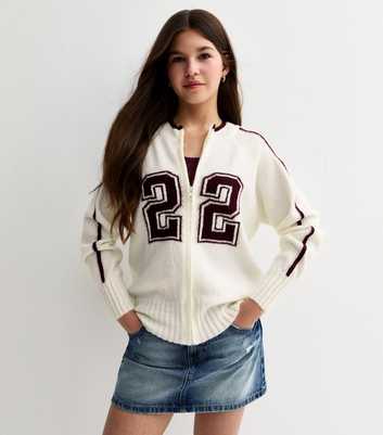 Girls Cream 22 Logo Knit Bomber Jacket