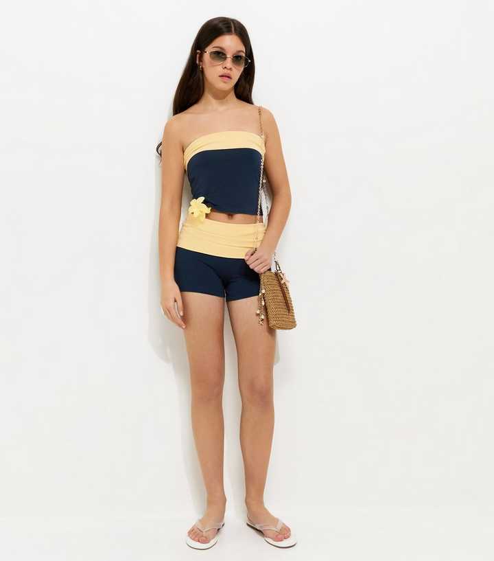 Girls Dark Blue Fold Over Waist Shorts