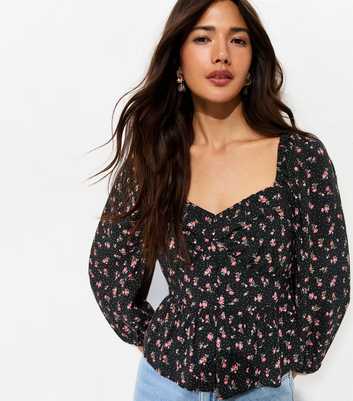 Black Ditsy Floral Cropped Sleeve Milkmaid Top