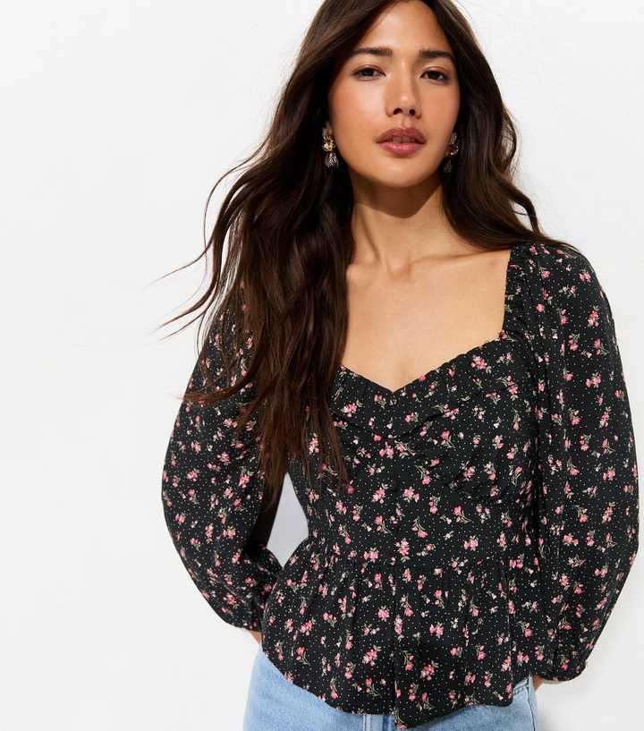 Black Ditsy Floral Cropped Sleeve Milkmaid Top