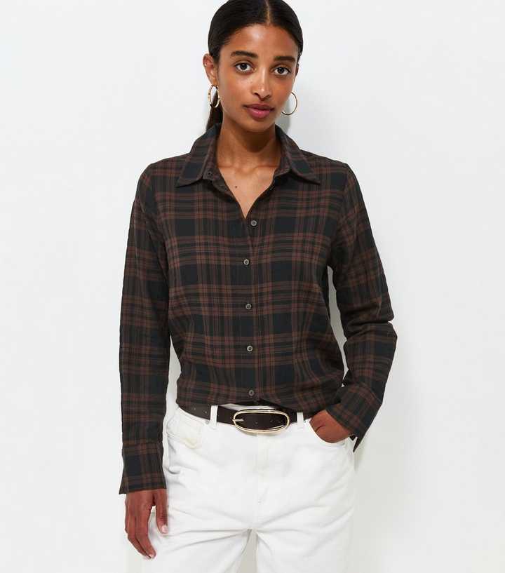 Brown Cotton Rich Check Long Sleeve Shirt