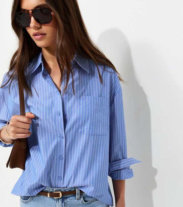 Blue Cotton Striped Oversized Shirt