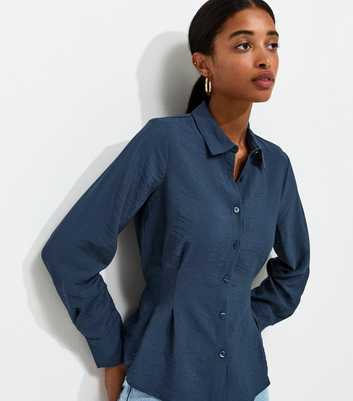 Navy Crinkle Texture Gathered Waist Shirt